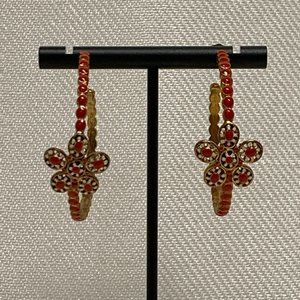 Stella & Dot Orange and Cream Enamel Hoop Earrings with Flower Detail